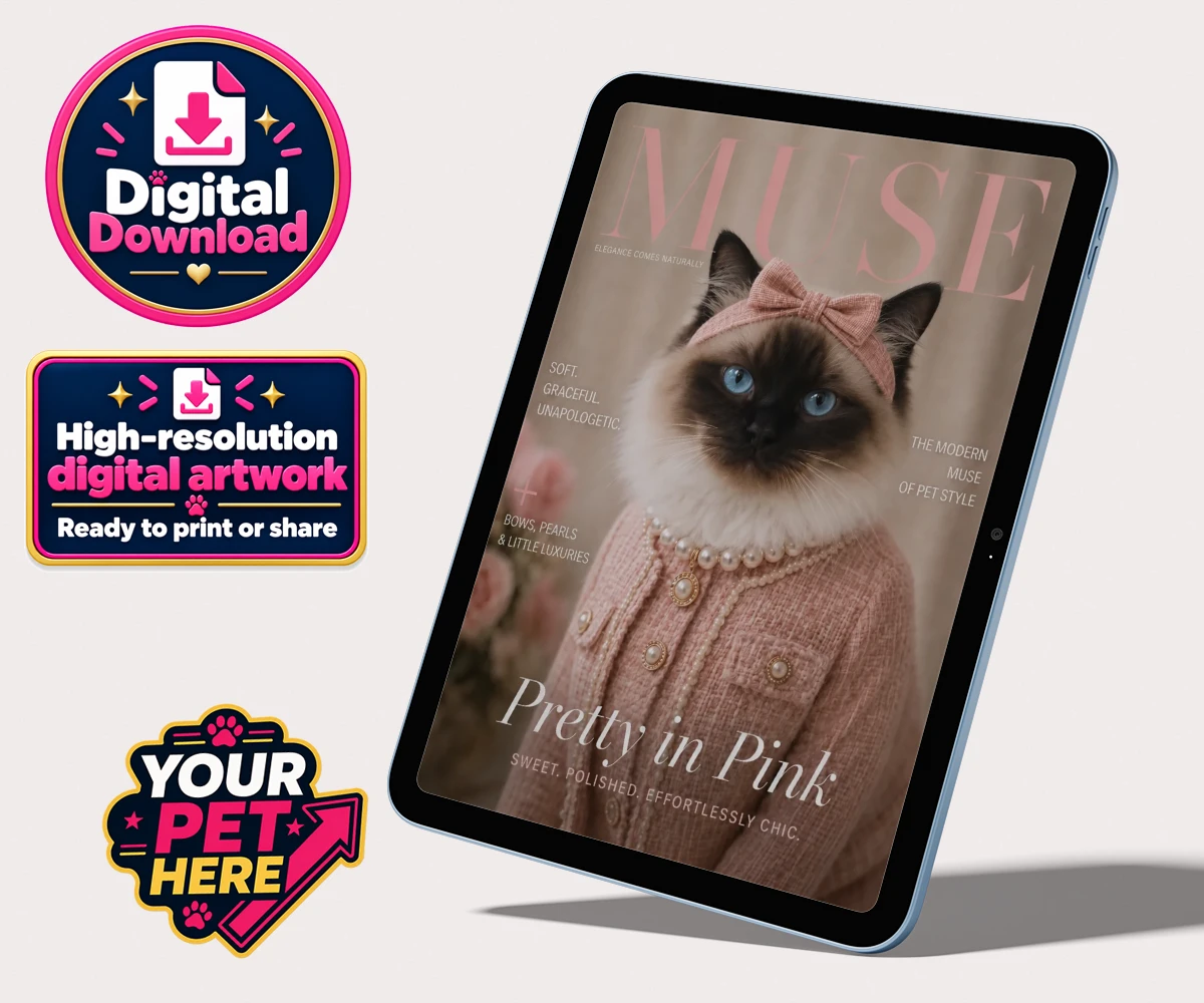 Personalised digital portrait of Muse Magazine Star cat in pink outfit with pearls and bow