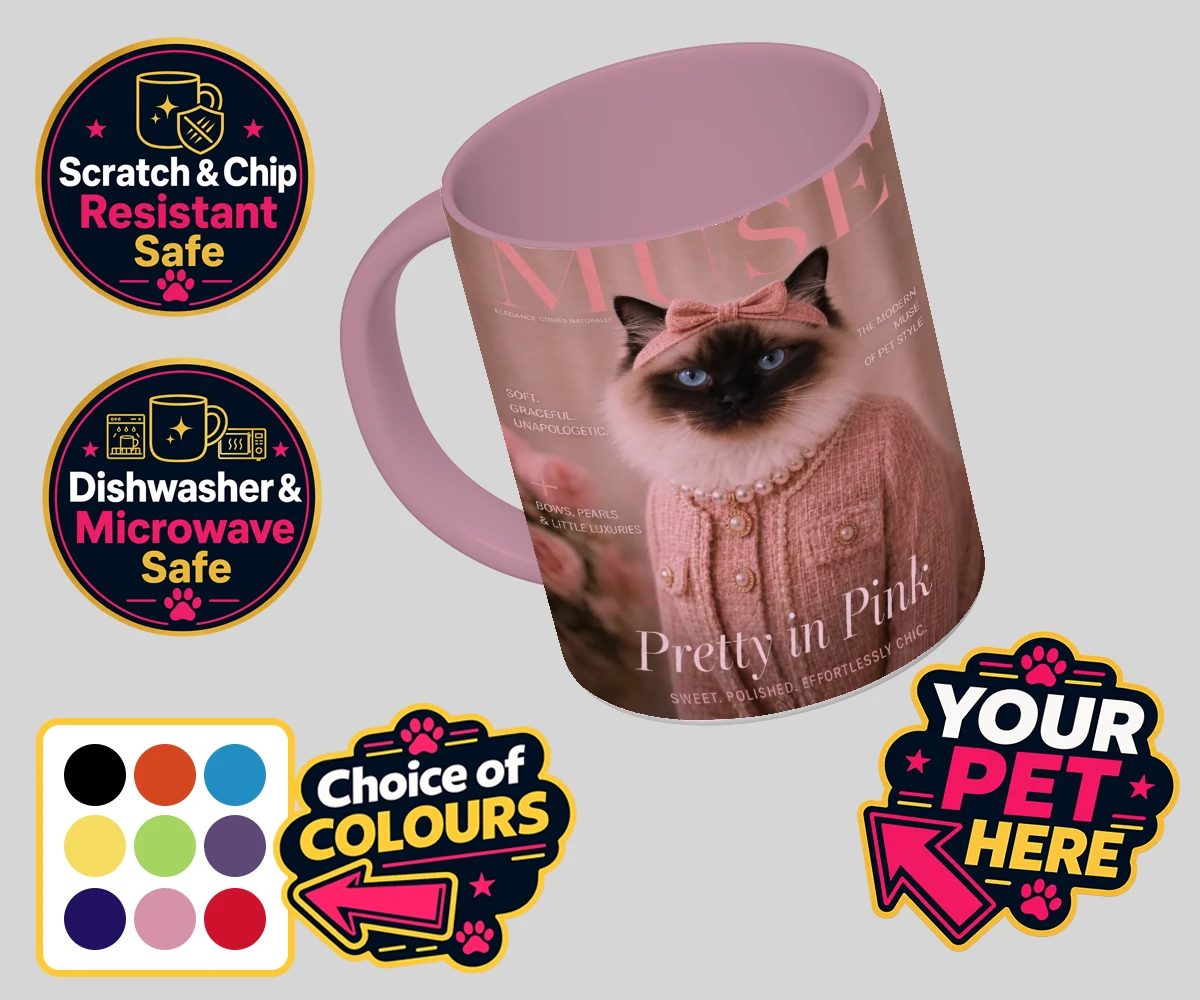 Personalised Muse Magazine cat coloured photo mugs featuring the epitome of feline grace and elegance