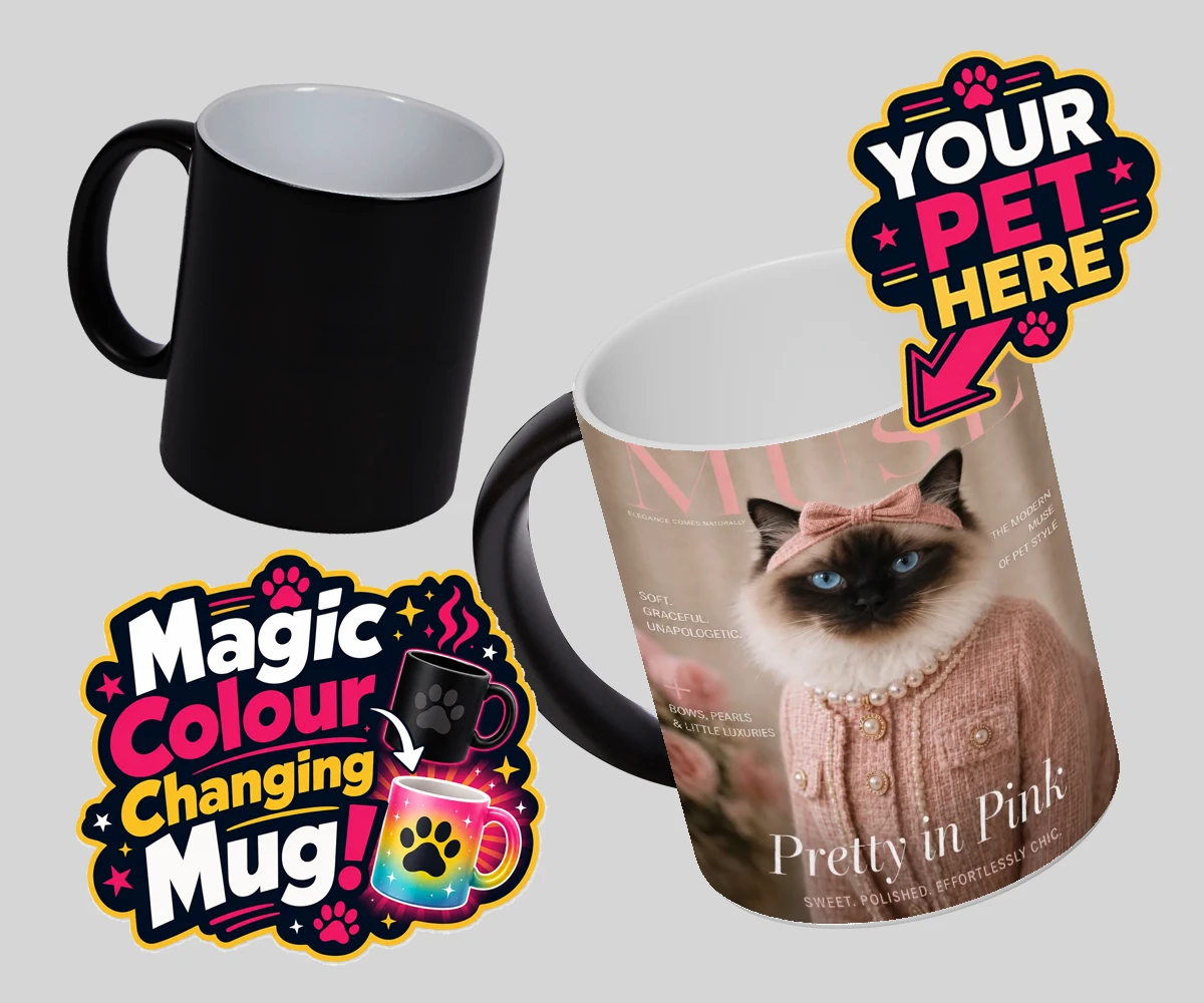 Personalised Muse Magazine cat magic photo mugs featuring the epitome of feline grace and elegance