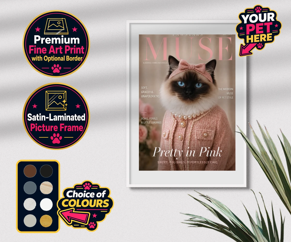 Personalised Muse Magazine cat premium framed print featuring the epitome of feline grace and elegance