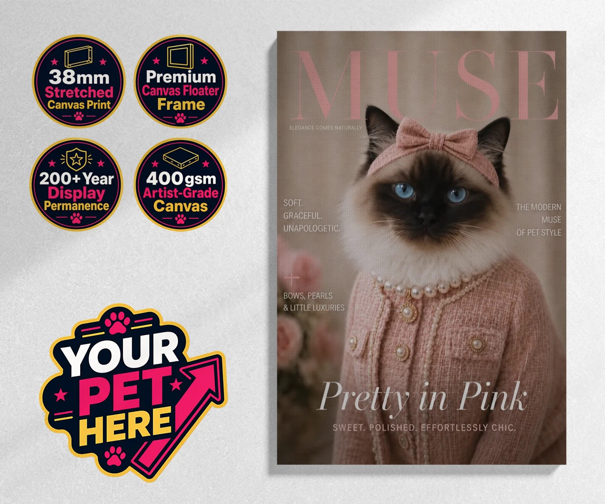 Personalised Muse Magazine cat stretched canvas print featuring the epitome of feline grace and elegance