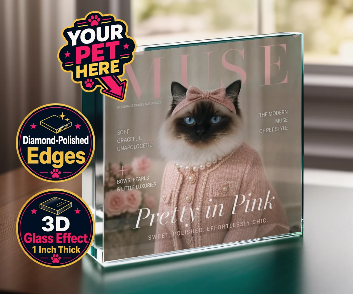 Personalised Muse Magazine cat acrylic prisms featuring the epitome of feline grace and elegance