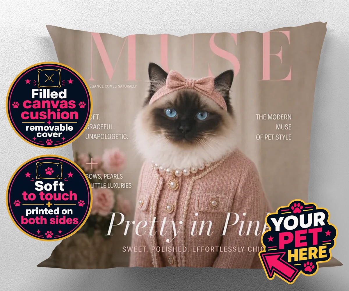 Personalised Muse Magazine Star cat canvas cushions featuring where elegance meets whimsy in a delightful feline portrait that radia