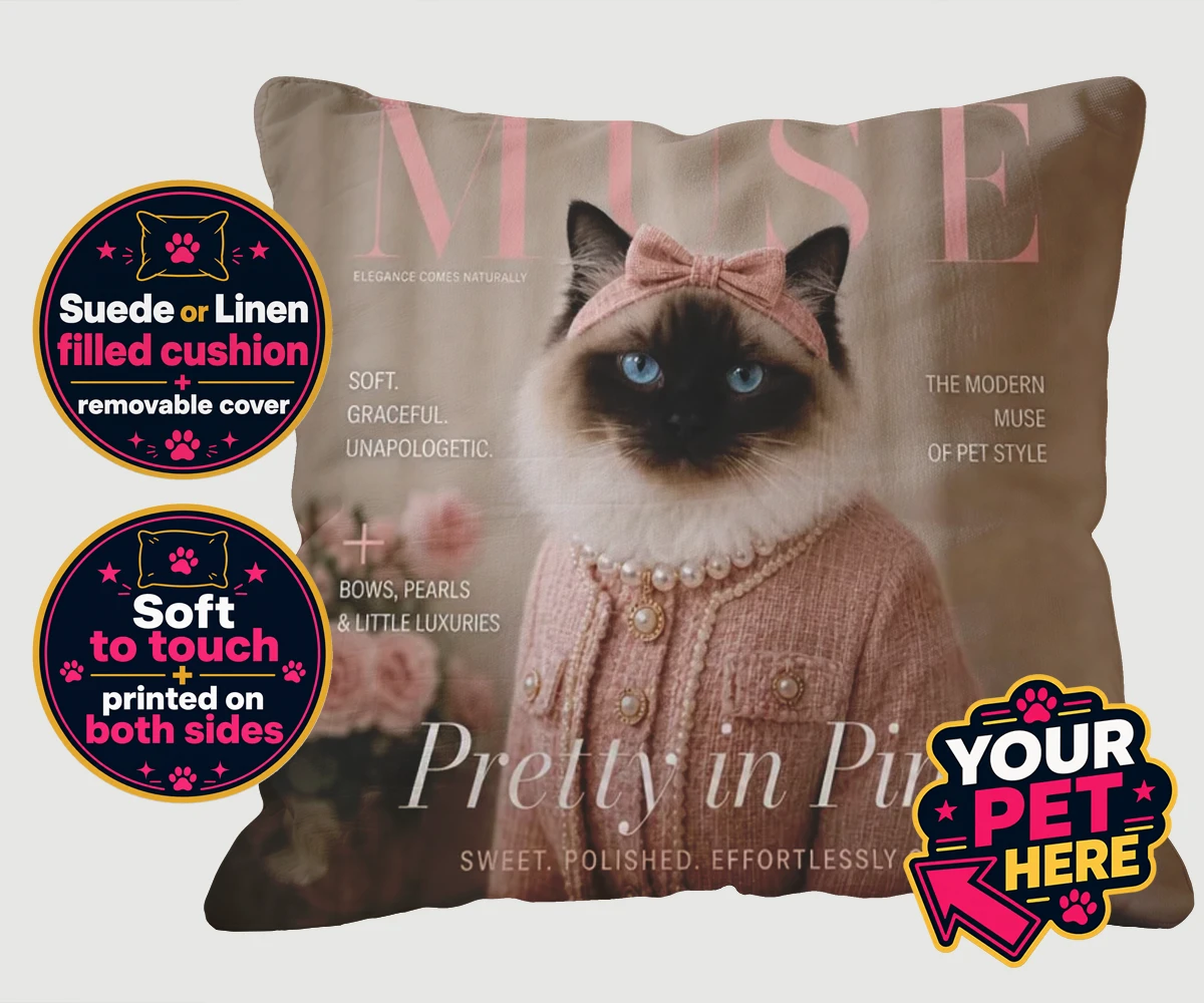 Personalised Muse Magazine Star cat cushions featuring where elegance meets whimsy in a delightful feline portrait that radia