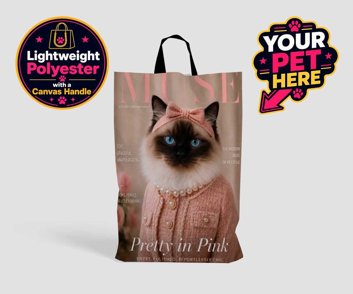 Personalised Muse Magazine Star cat shopping bags featuring where elegance meets whimsy in a delightful feline portrait that radia