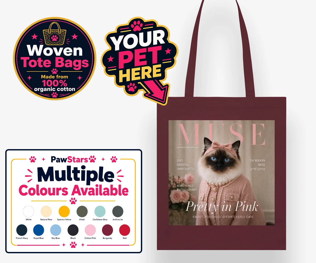 Personalised Muse Magazine Star cat woven tote bags featuring where elegance meets whimsy in a delightful feline portrait that radia