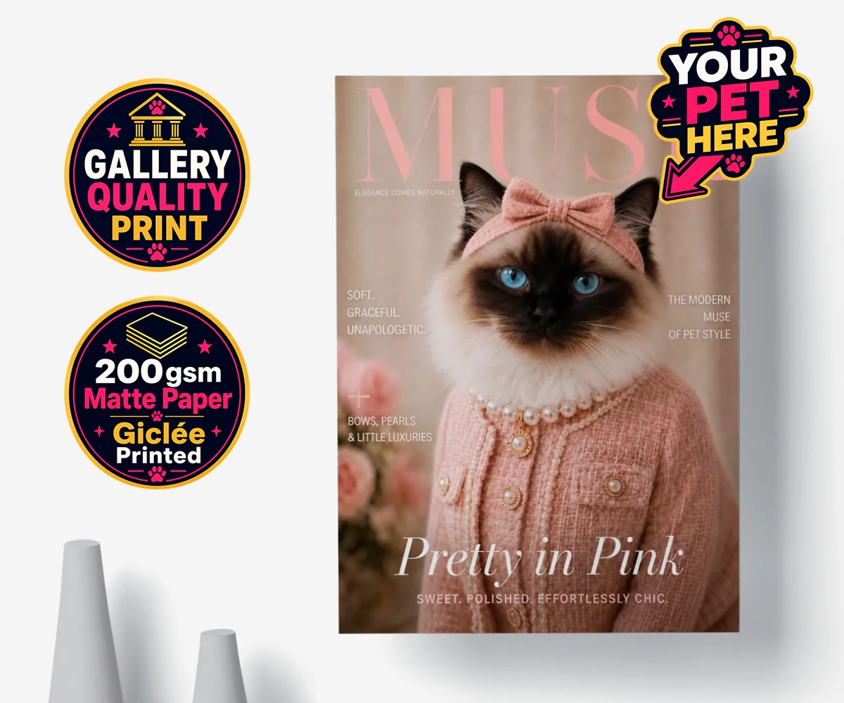 Personalised Muse Magazine cat premium poster print featuring the epitome of feline grace and elegance