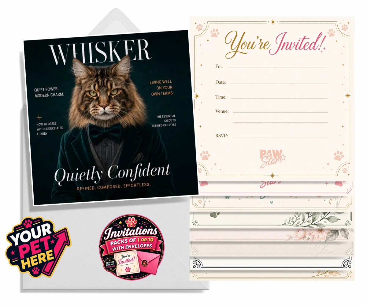Personalised Whisker Magazine cat invitations featuring the epitome of feline sophistication wrapped in playful charm