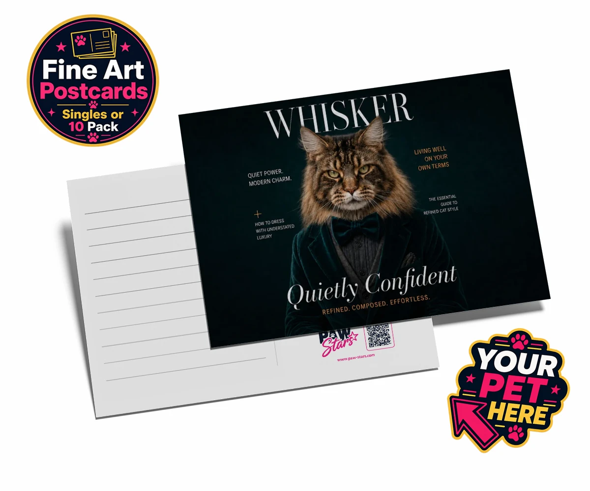 Personalised Whisker Magazine cat postcards featuring the epitome of feline sophistication wrapped in playful charm