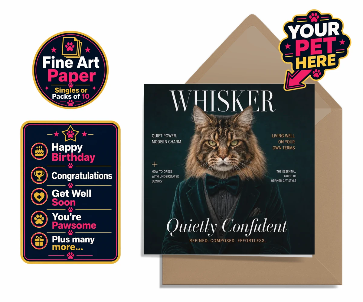 Personalised Whisker Magazine cat premium greetings cards featuring the epitome of feline sophistication wrapped in playful charm