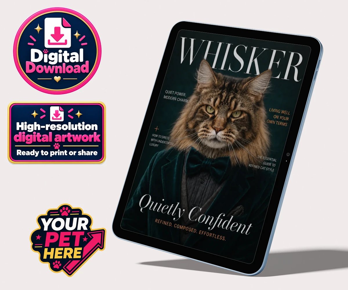 Personalised Whisker Magazine Star cat personalised digital downloads featuring meet Whisker Magazine Star, the feline icon of elegance and wit!