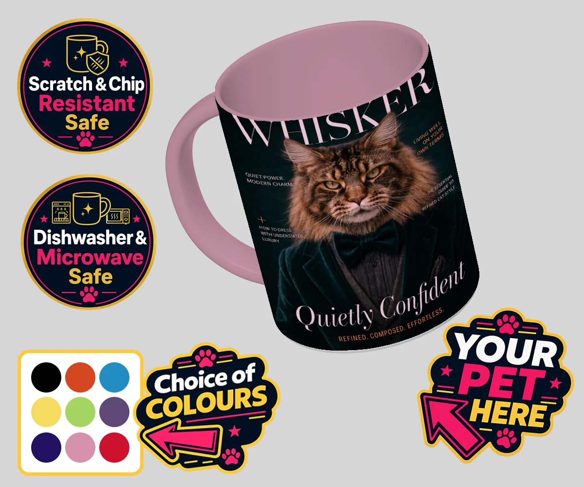 Personalised Whisker Magazine cat coloured photo mugs featuring the epitome of feline sophistication wrapped in playful charm