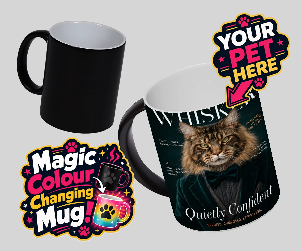 Personalised Whisker Magazine cat magic photo mugs featuring the epitome of feline sophistication wrapped in playful charm