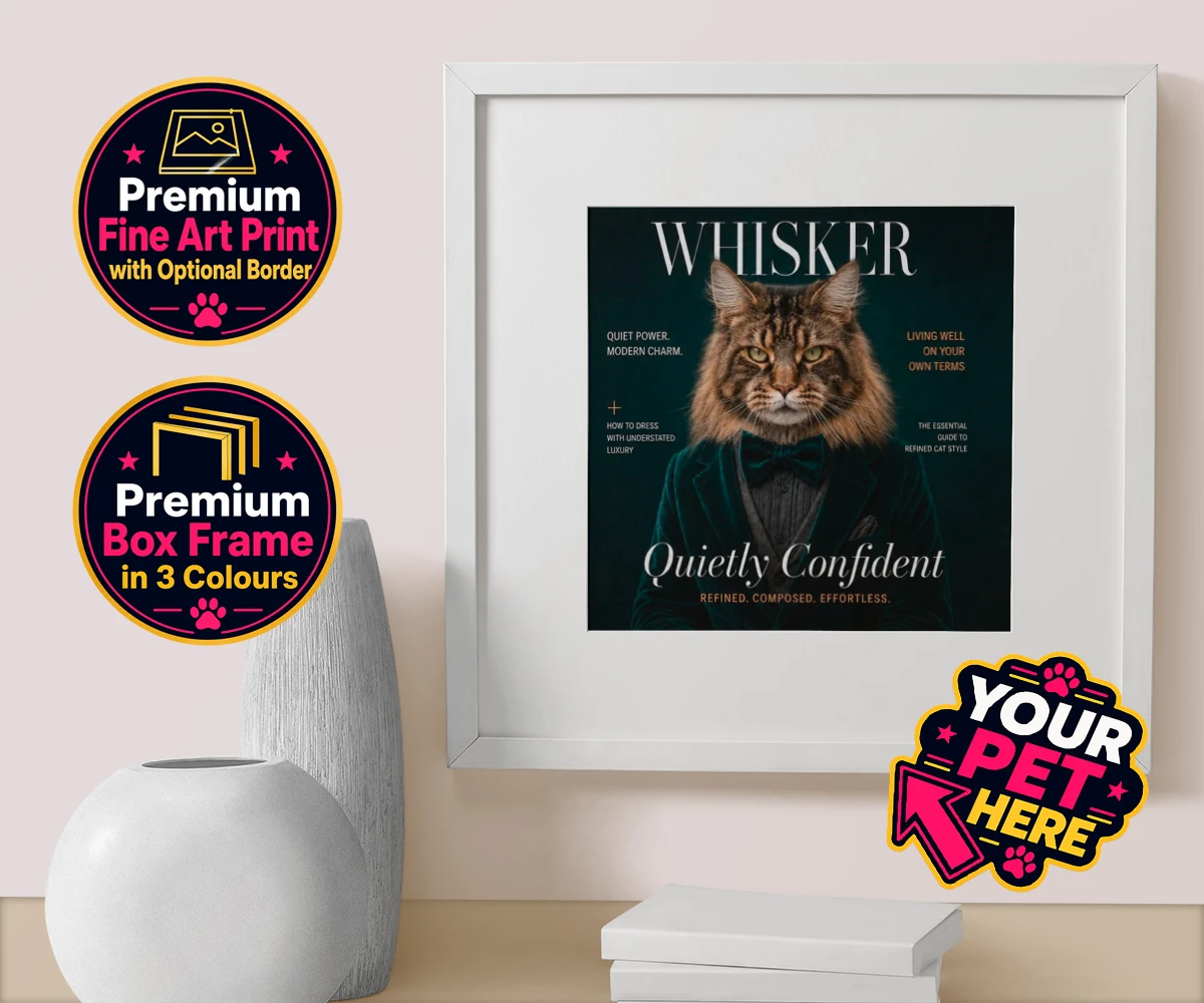 Personalised Whisker Magazine cat box framed print featuring the epitome of feline sophistication wrapped in playful charm
