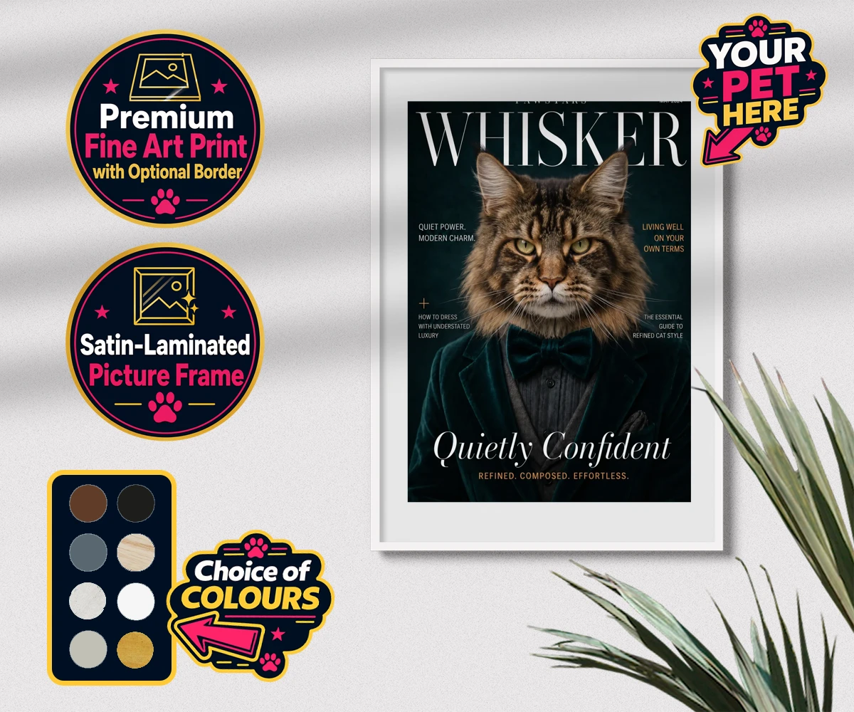 Personalised Whisker Magazine cat premium framed print featuring the epitome of feline sophistication wrapped in playful charm