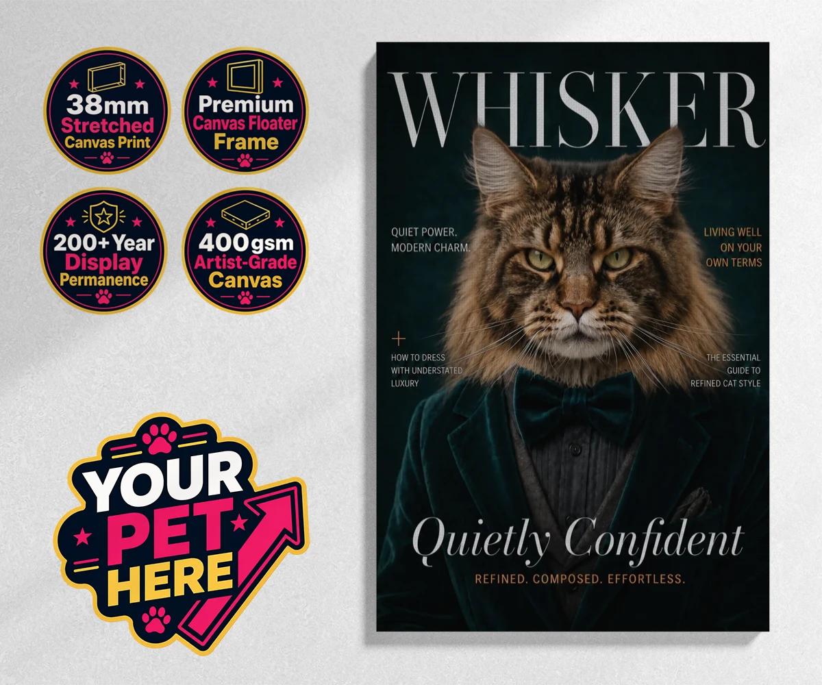 Personalised Whisker Magazine cat stretched canvas print featuring the epitome of feline sophistication wrapped in playful charm