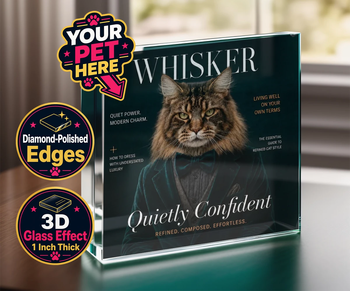 Personalised Whisker Magazine cat acrylic prisms featuring the epitome of feline sophistication wrapped in playful charm