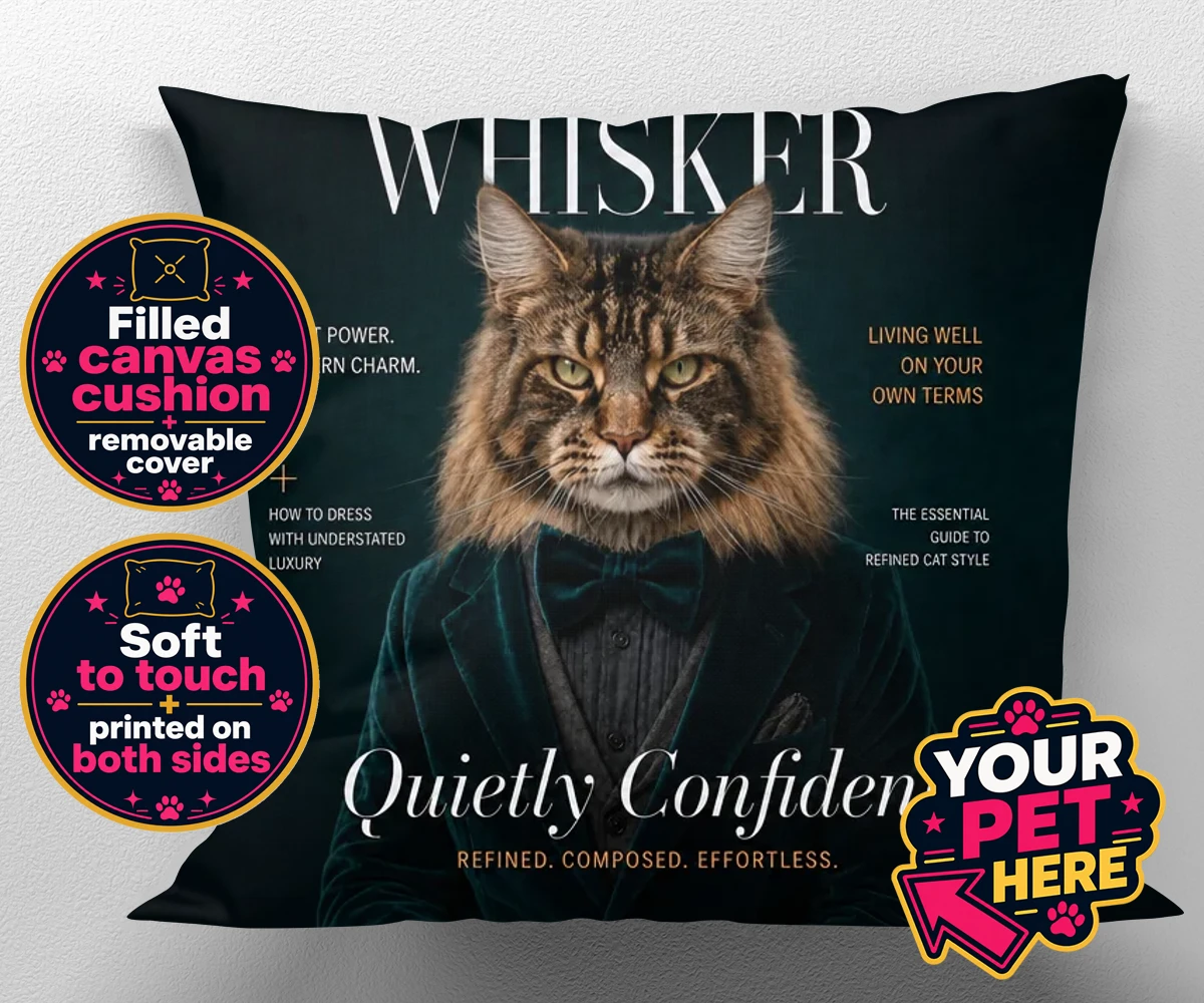 Personalised Whisker Magazine Star cat canvas cushions featuring meet Whisker Magazine Star, the feline icon of elegance and wit!