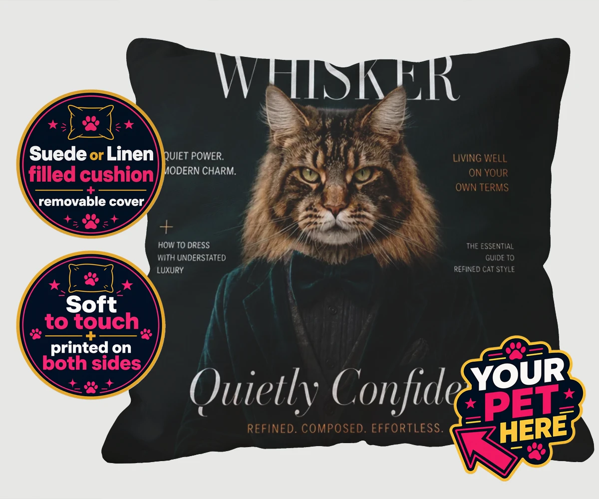 Personalised Whisker Magazine Star cat cushions featuring meet Whisker Magazine Star, the feline icon of elegance and wit!