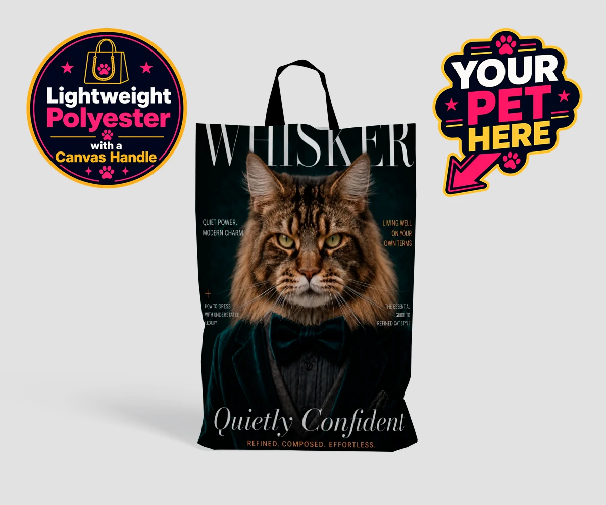 Personalised Whisker Magazine Star cat shopping bags featuring meet Whisker Magazine Star, the feline icon of elegance and wit!