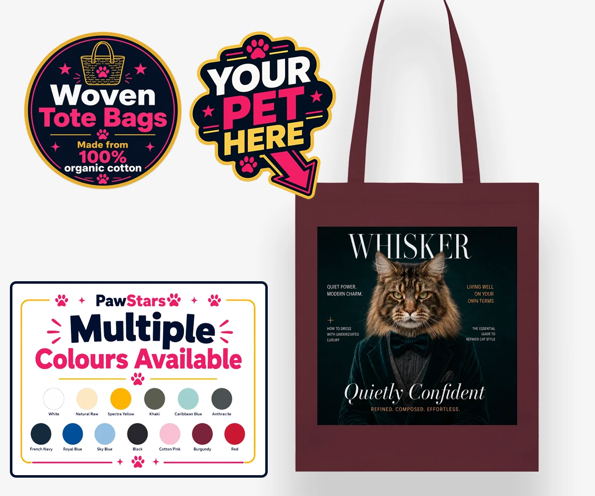 Personalised Whisker Magazine Star cat woven tote bags featuring meet Whisker Magazine Star, the feline icon of elegance and wit!