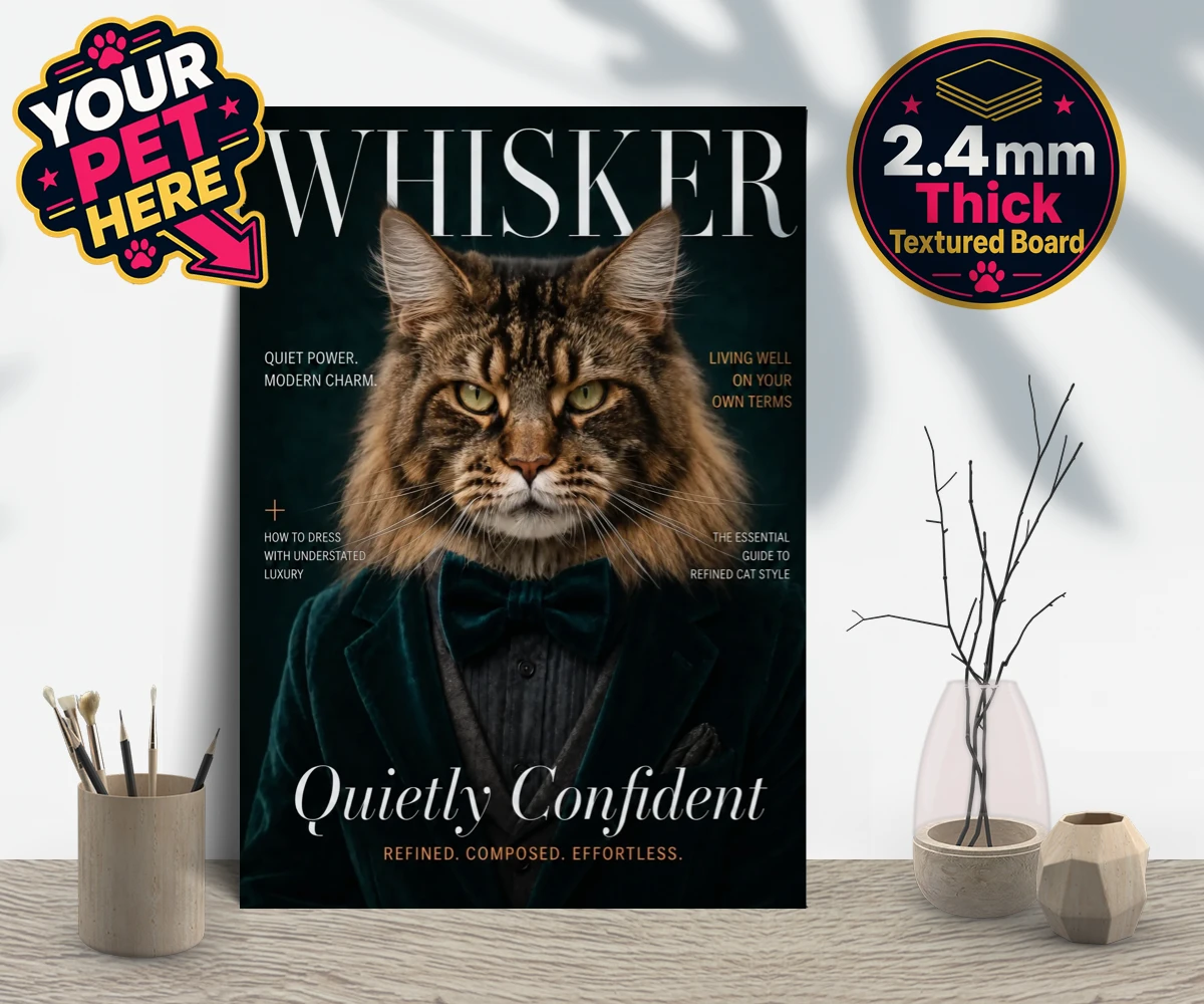Personalised Whisker Magazine cat gallery boards featuring the epitome of feline sophistication wrapped in playful charm