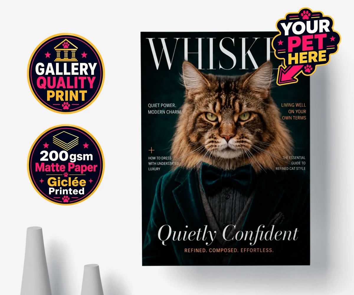 Personalised Whisker Magazine cat premium poster print featuring the epitome of feline sophistication wrapped in playful charm
