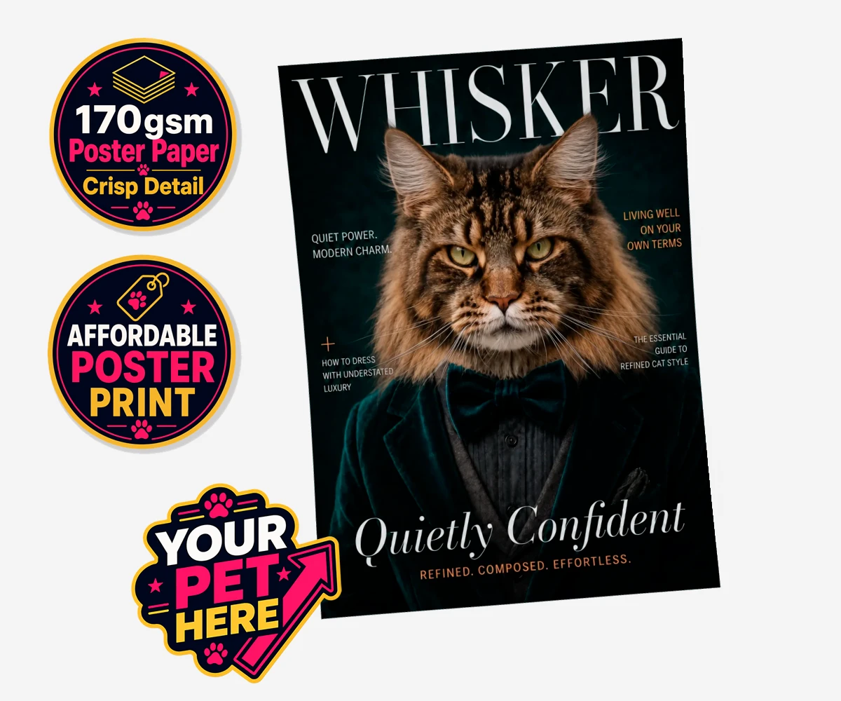 Personalised Whisker Magazine cat standard poster print featuring the epitome of feline sophistication wrapped in playful charm