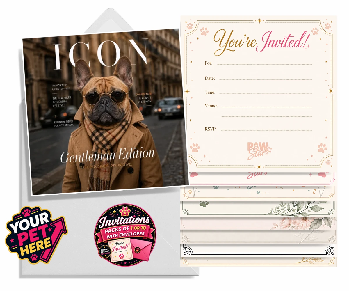 Personalised Icon Magazine dog invitations featuring step into the world of high fashion with our delightful "Icon Magazine