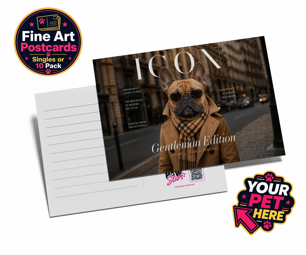 Personalised Icon Magazine dog postcards featuring step into the world of high fashion with our delightful "Icon Magazine