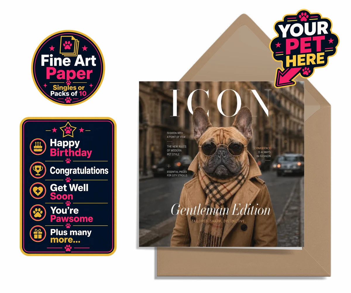 Personalised Icon Magazine dog premium greetings cards featuring step into the world of high fashion with our delightful "Icon Magazine