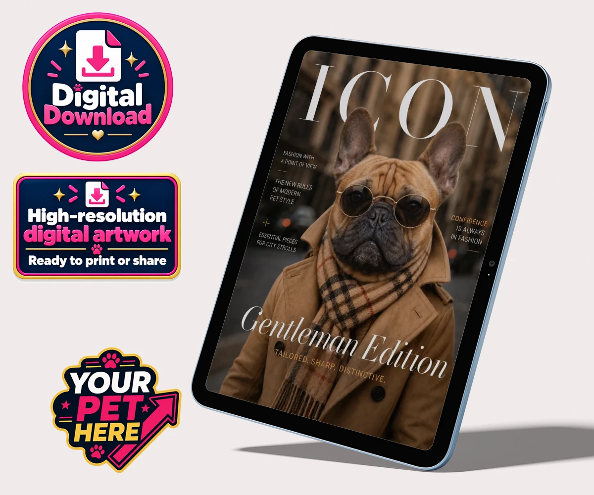 Personalised digital download of Icon Magazine Star dog, featuring a dapper dog in a beige trench coat and sunglasses