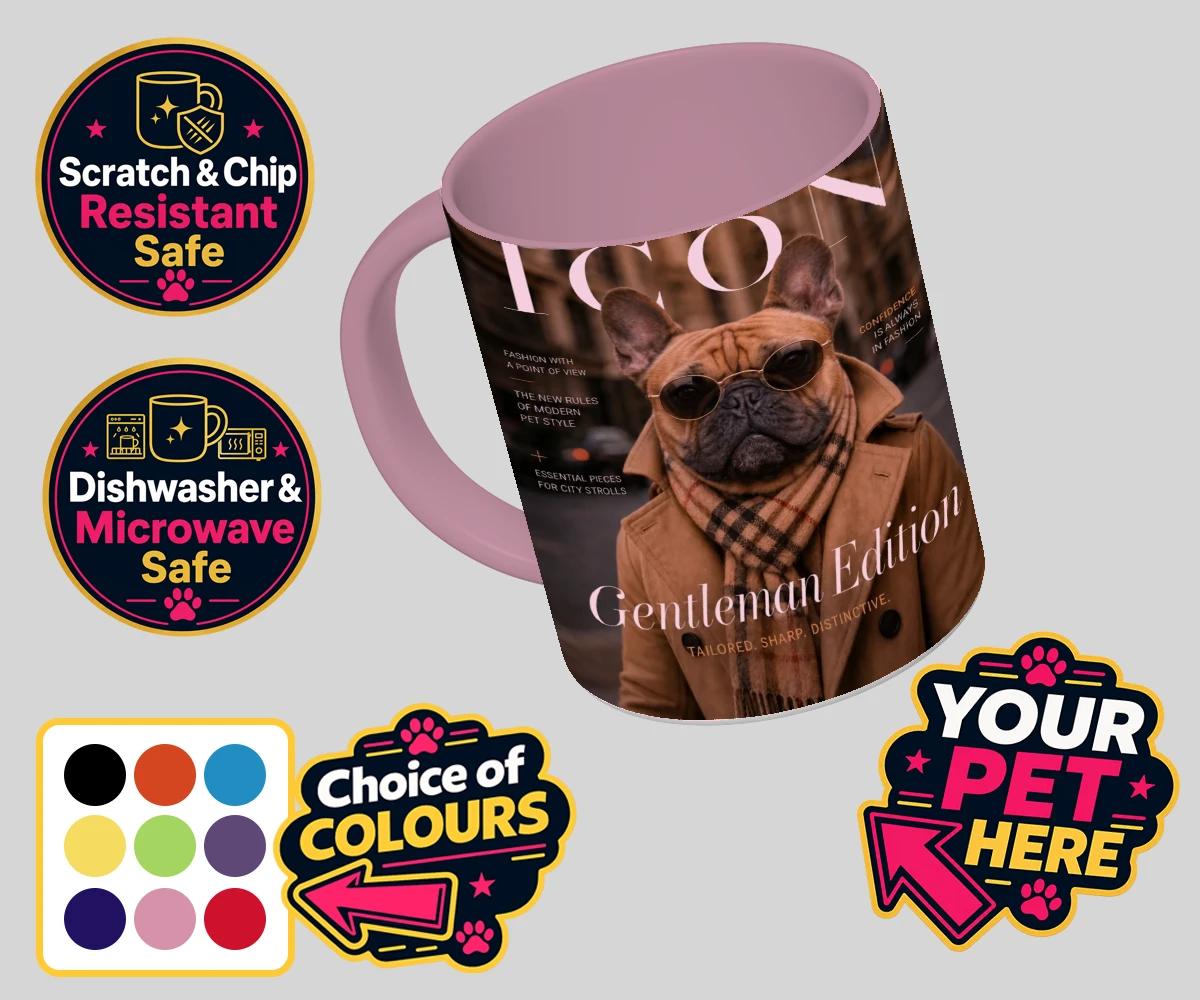 Personalised Icon Magazine dog coloured photo mugs featuring step into the world of high fashion with our delightful "Icon Magazine