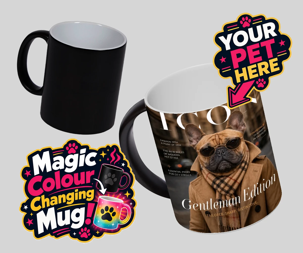 Personalised Icon Magazine dog magic photo mugs featuring step into the world of high fashion with our delightful "Icon Magazine