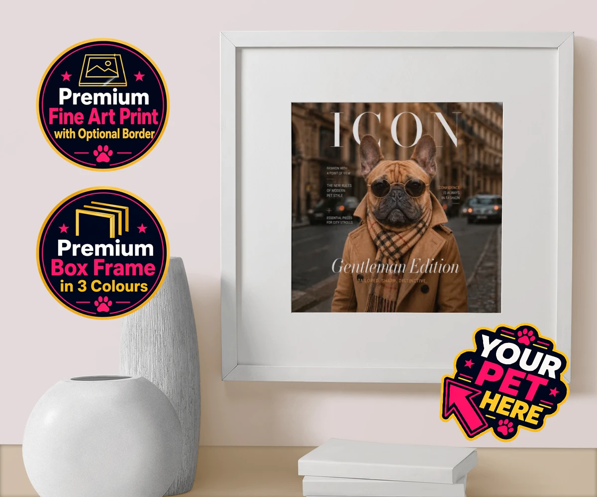 Personalised Icon Magazine dog box framed print featuring step into the world of high fashion with our delightful "Icon Magazine