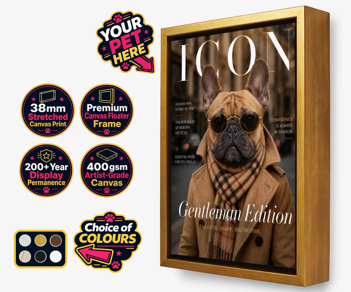 Personalised Icon Magazine dog framed canvas print featuring step into the world of high fashion with our delightful "Icon Magazine