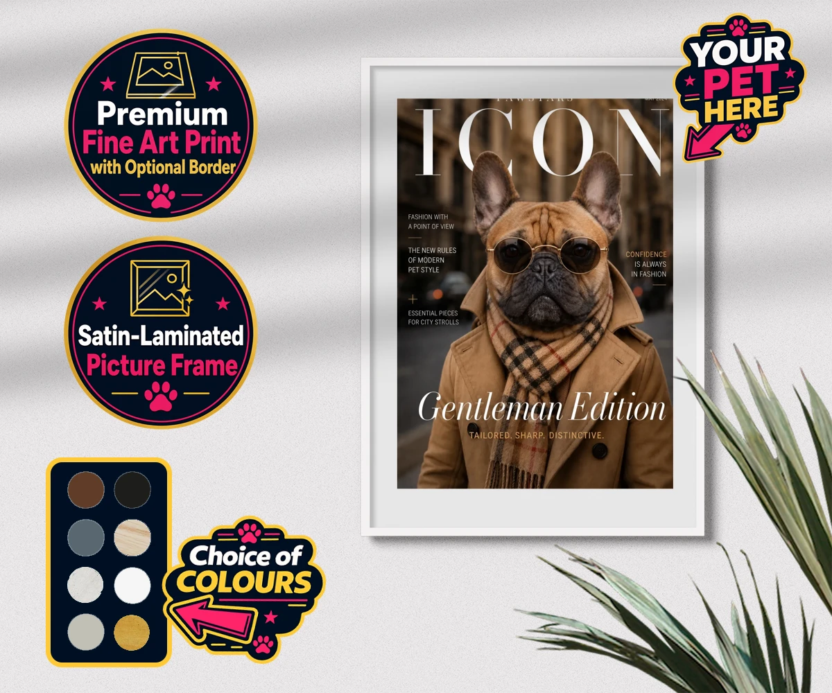 Personalised Icon Magazine dog premium framed print featuring step into the world of high fashion with our delightful "Icon Magazine