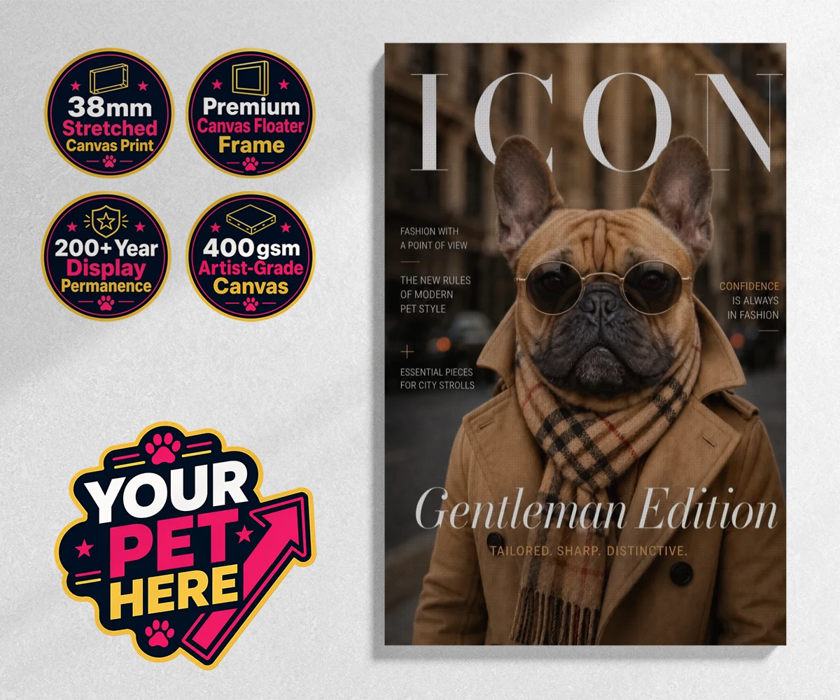 Personalised Icon Magazine dog stretched canvas print featuring step into the world of high fashion with our delightful "Icon Magazine