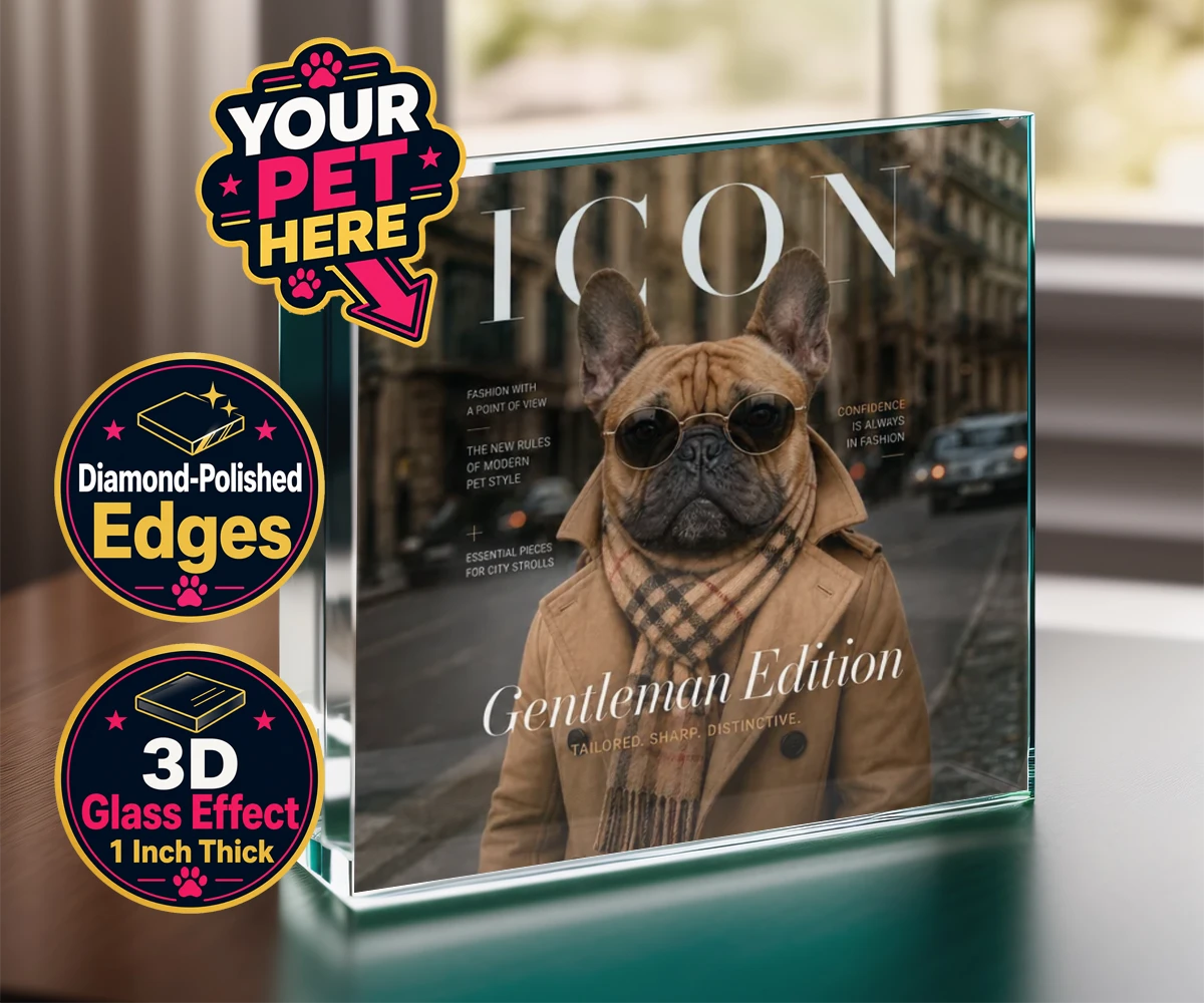 Personalised Icon Magazine dog acrylic prisms featuring step into the world of high fashion with our delightful "Icon Magazine