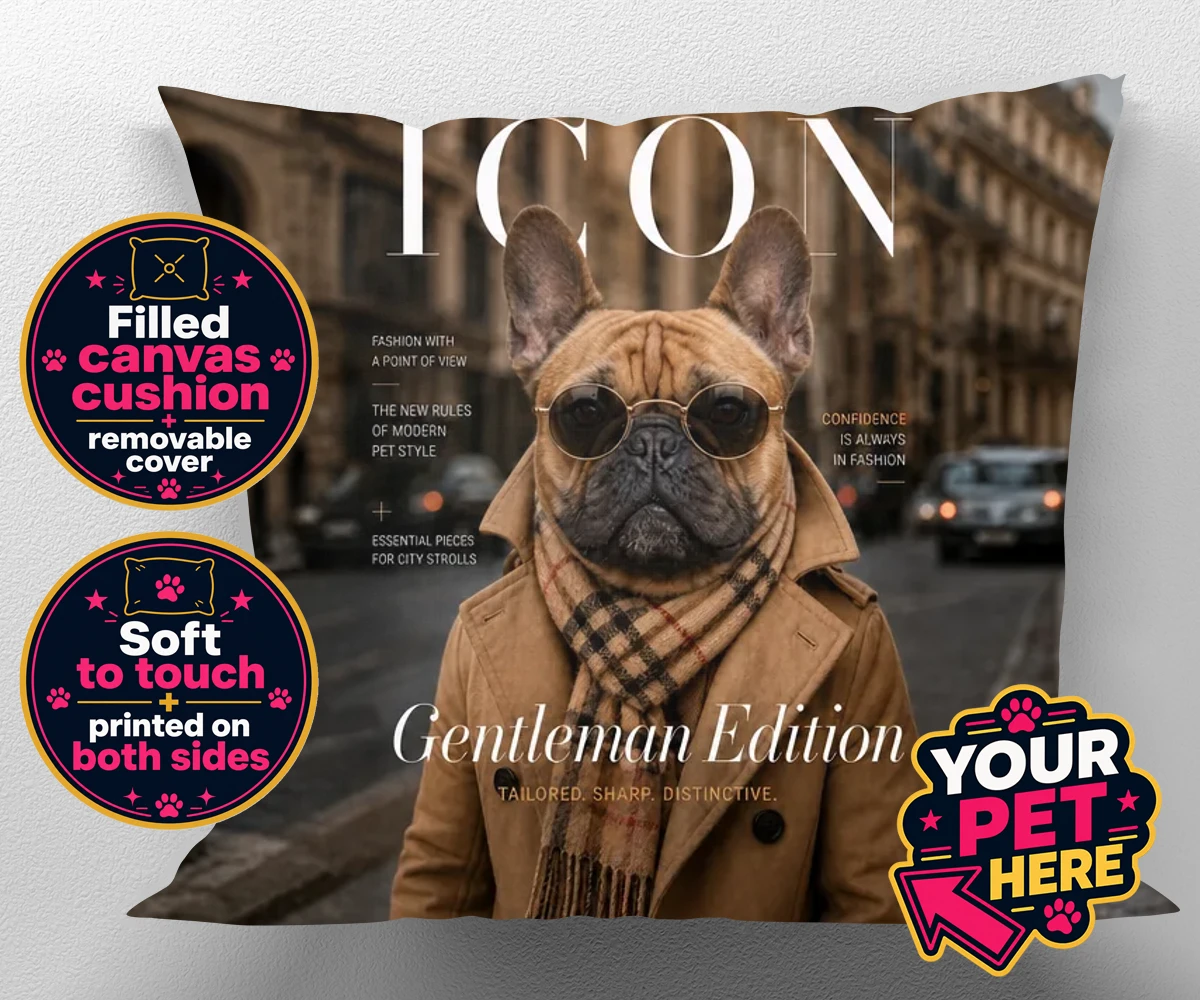 Personalised Icon Magazine Star dog canvas cushions featuring where your furry friend becomes the ultimate trendsetter!
