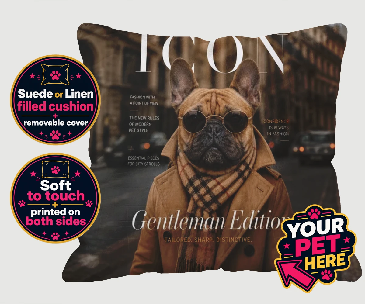 Personalised Icon Magazine Star dog cushions featuring where your furry friend becomes the ultimate trendsetter!