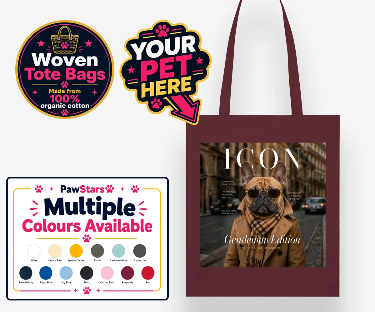 Personalised Icon Magazine Star dog woven tote bags featuring where your furry friend becomes the ultimate trendsetter!