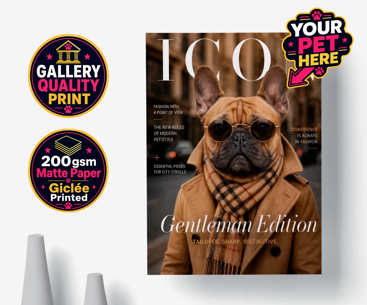Personalised Icon Magazine dog premium poster print featuring step into the world of high fashion with our delightful "Icon Magazine