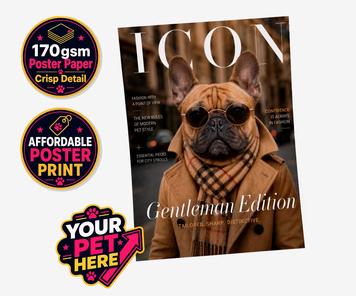 Personalised Icon Magazine dog standard poster print featuring step into the world of high fashion with our delightful "Icon Magazine