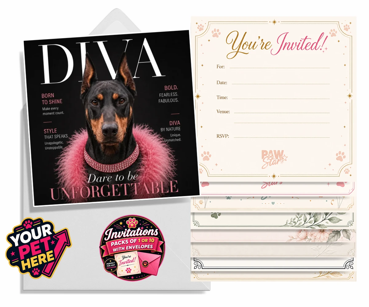 Personalised invitations featuring Diva Magazine dog with a pink feather boa and sparkling collar