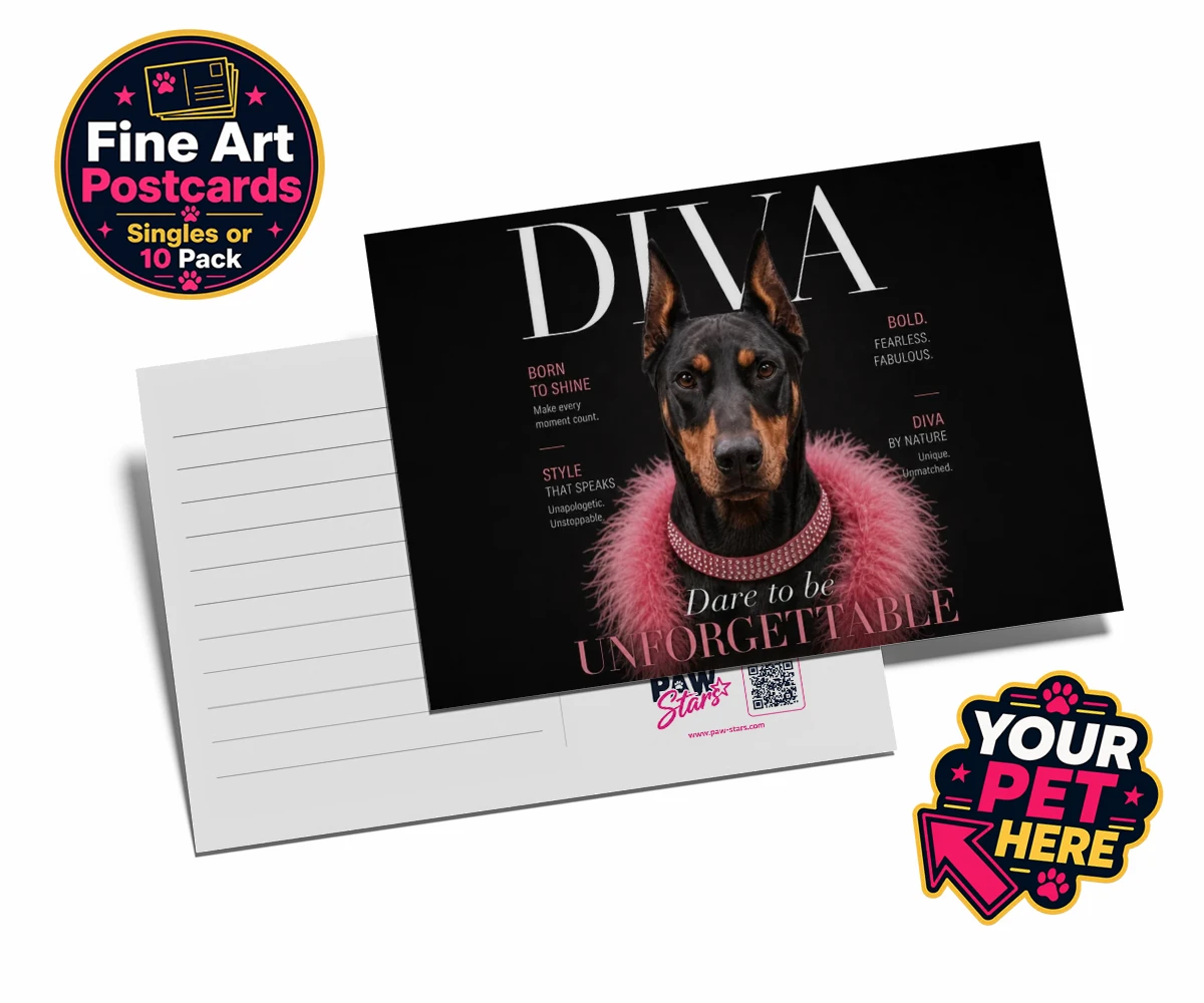 Personalised postcard featuring Diva Magazine, a dog in a pink feather boa and sparkling collar against a black background.