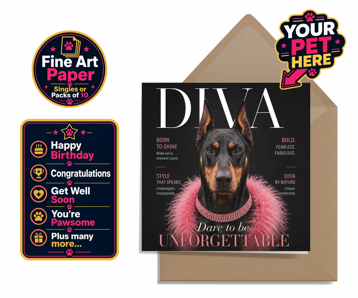 Personalised Diva Magazine dog premium greetings cards featuring meet Diva Magazine, the canine superstar ready to steal the spotlight