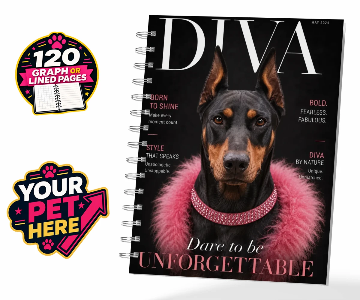 Personalised spiral notebook featuring Diva Magazine, a dog wearing a pink feather boa and sparkling collar.