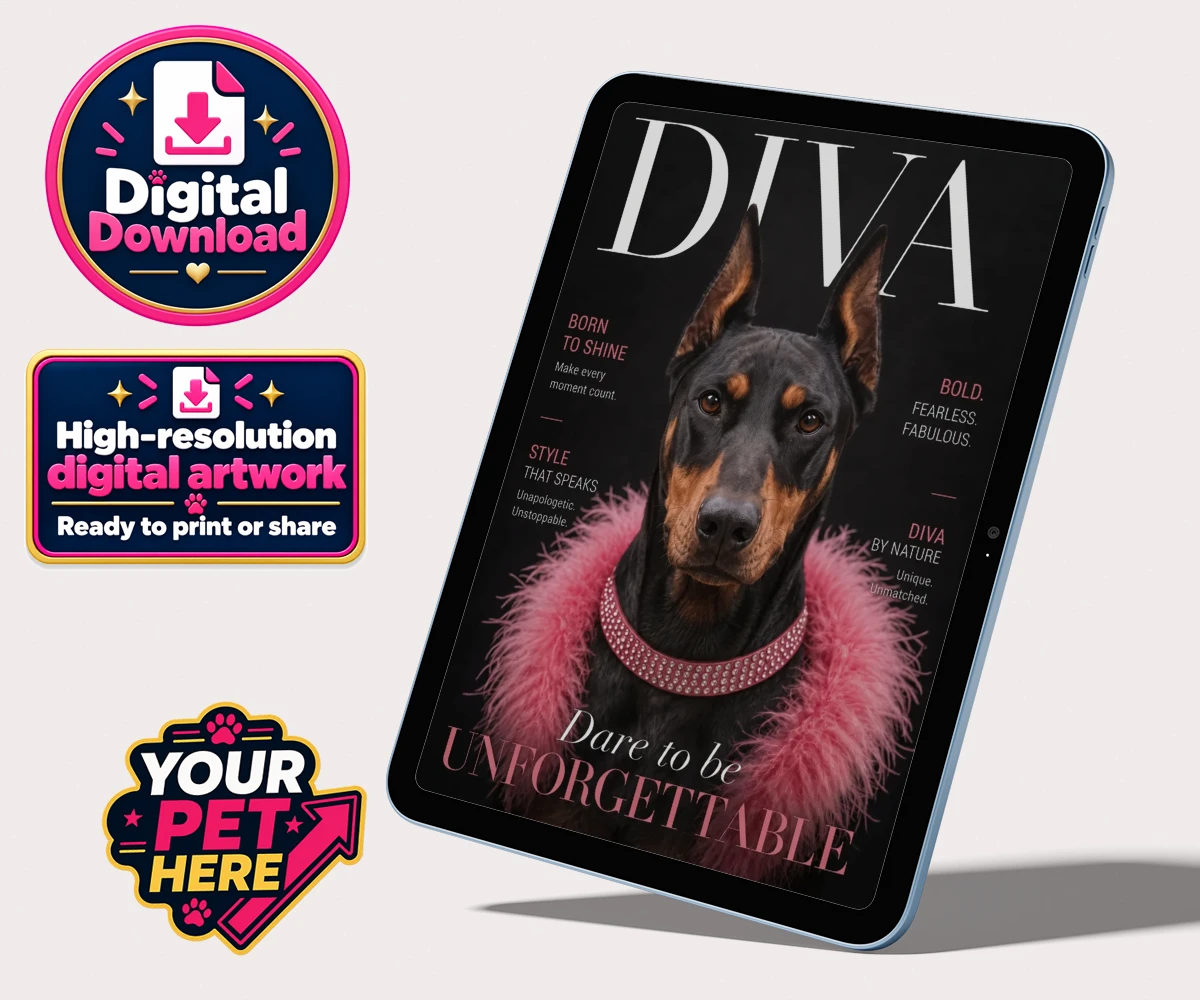 Personalised portrait of Diva Magazine Star dog with a pink boa and sparkling collar