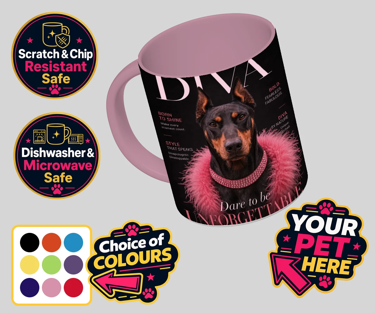 Personalised Diva Magazine dog coloured photo mugs featuring meet Diva Magazine, the canine superstar ready to steal the spotlight
